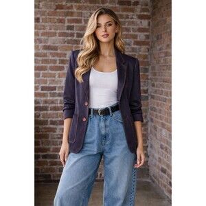 Georgiou 100% Raw Silk 80s Indigo Blue Blazer Contrast Stitch Tailored Size 14